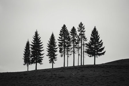 Black and white image of pine trees on the top of a hillの素材