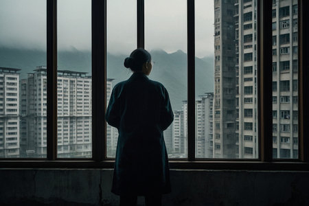 Woman looking out the window of a condominium in the city.の素材