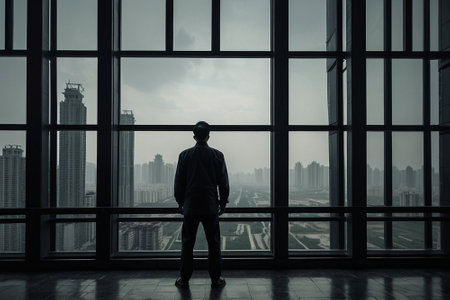 Silhouette of a businessman looking at the city through the windowの素材