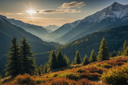 Sunset in the mountains with coniferous forest and high peaks