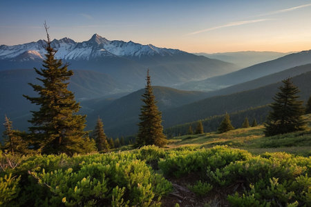 Mountain landscape with coniferous forest and snowcapped peaks at sunsetの素材