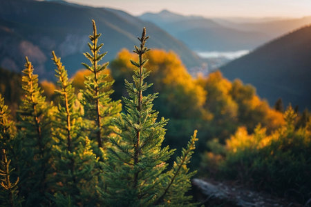 Fir trees in the mountains. Beautiful autumn landscape. Selective focus.の素材