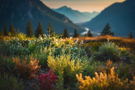 Sunset in the mountains with green grass and flowers on the foregroundの素材