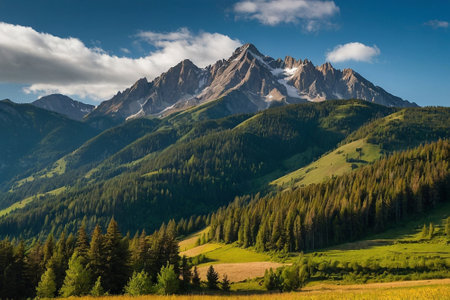 Mountain landscape with snow-capped peaks and coniferous forestの素材