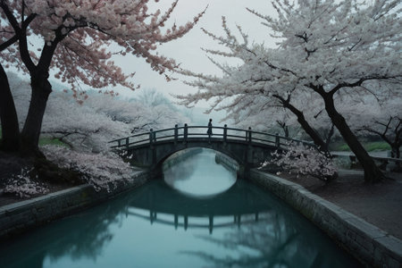 Cherry blossoms in full bloom with a stone bridge in the backgroundの素材