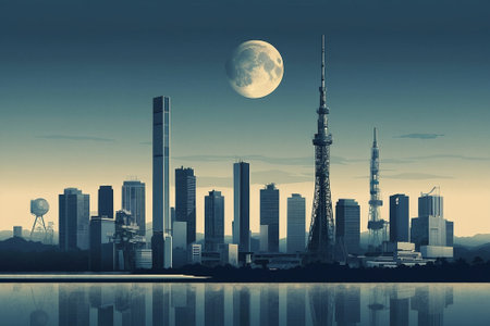 Futuristic city at night with full moon in the sky.の素材