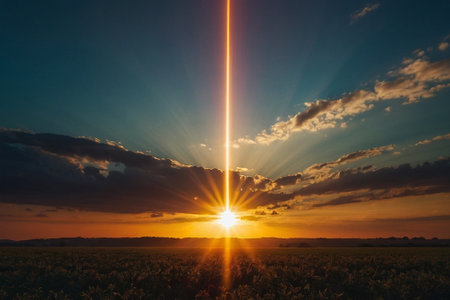 Sunset over the field with sun rays. Beautiful nature background.の素材