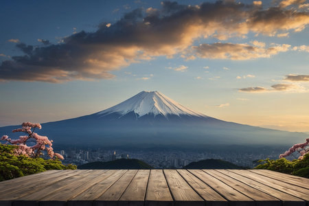Wood table top with Fuji mountain and cherry blossom at sunset, Japanの素材