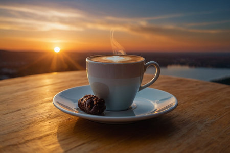 Cup of coffee on a wooden table with a beautiful sunset in the backgroundの素材