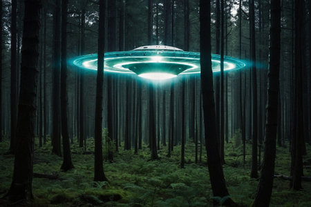 Futuristic UFO in the dark forest. Futuristic spaceship.の素材