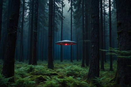 Fantasy alien spaceship in the forest. Flying saucer in the dark forest.の素材