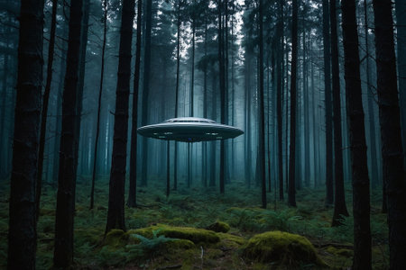 Flying saucer in the dark forest. UFO in the dark forestの素材