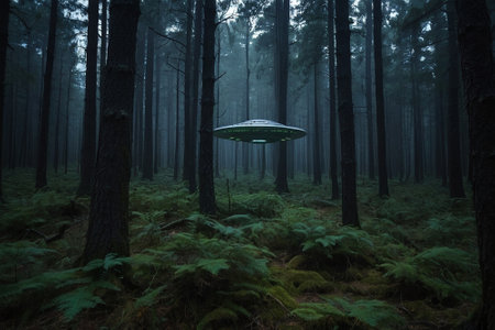 Fantasy landscape with flying saucer in the dark forest. Elements of this image furnished by NASAの素材