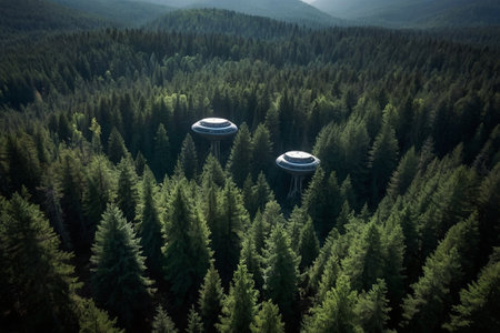 Aerial view of a beautiful green forest with flying saucersの素材