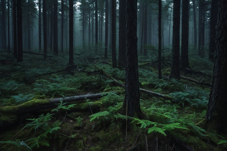 Foggy dark forest landscape with old tree trunks and fernsの素材