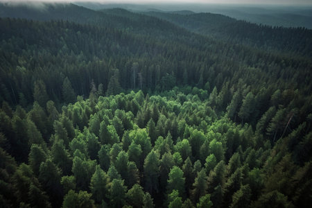Aerial view of coniferous forest in foggy morning.の素材