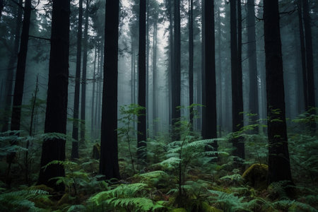 Tall trees in a dark forest in a foggy day.の素材