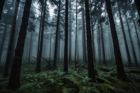 Foggy forest with trees and ferns in Australia.の素材