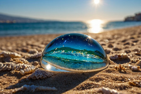crystal ball with reflection of the sea in the sand on the beachの素材