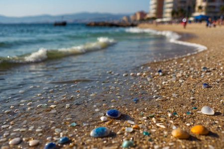 Beach with pebbles on the shore of the Mediterranean Seaの素材