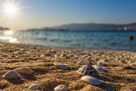 Beautiful seascape with seashells on sandy beach against the background of the city.の素材