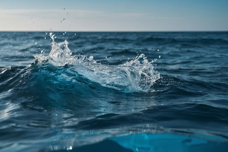 Splashes of water on the surface of the sea. Blue background.の素材