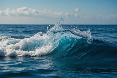 Blue ocean wave with splashes of water and blue sky background.の素材