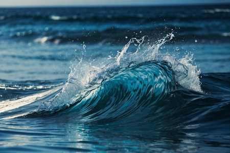 Blue ocean wave with splashes of water. Shallow depth of fieldの素材