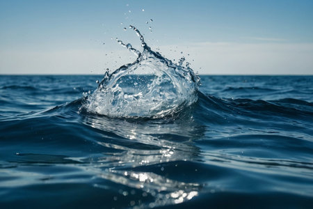 Water splash in the sea. Blue wave with water drops on the surfaceの素材