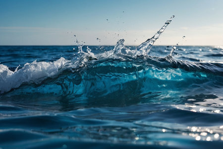 Blue ocean wave with splashes and drops of water on the surfaceの素材