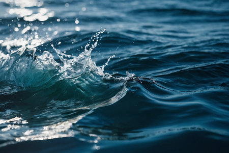 Blue sea wave splash closeup macro photo. Water surface texture backgroundの素材