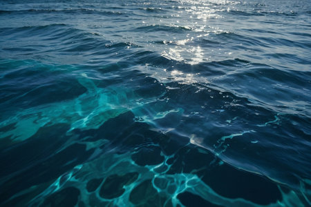 Blue sea water surface with sun rays. Natural background. Selective focus.の素材