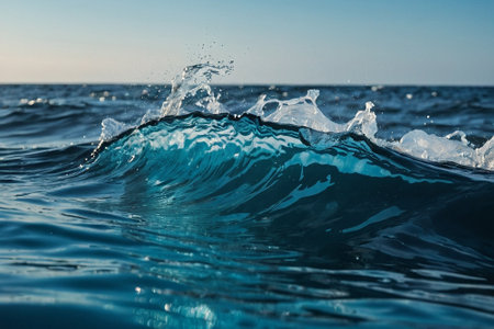 Blue ocean wave with splashes and drops of water. Water backgroundの素材
