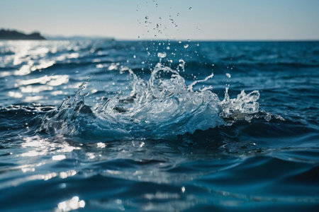 Splashes of water in the sea on a background of blue skyの素材