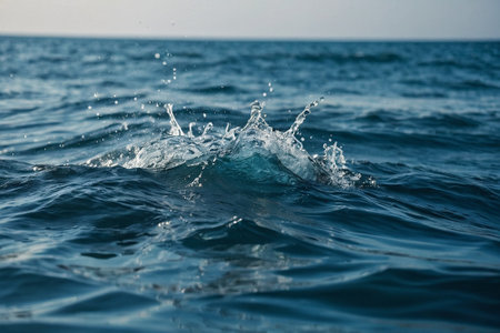 Splashes of water on the surface of the sea. Blue background.の素材