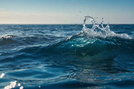 Blue ocean wave with splashes and drops of water on the surfaceの素材