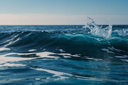 Blue ocean wave with splashes and drops. Shallow depth of field.の素材