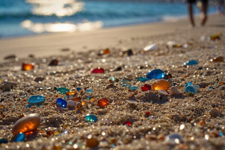Colorful glass beads on the beach. Selective focus and shallow depth of field.の素材