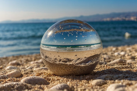 crystal ball with sand and sea in the background, closeupの素材