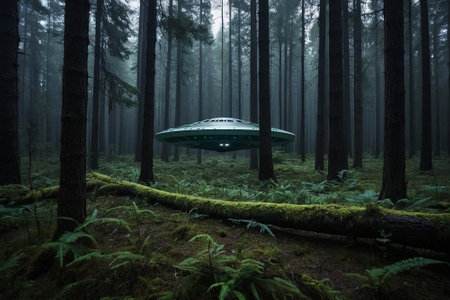 Fantasy alien flying saucer in a dark forest with fernsの素材