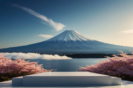 Mt Fuji and Cherry Blossom at Lake Kawaguchiko, Japan.の素材