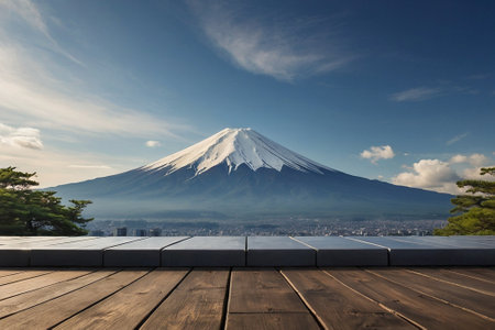 Mt. Fuji with wooden floor and cityscape background, Japanの素材