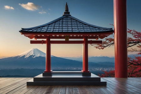 3d render of pavilion with Mt. Fuji in the backgroundの素材