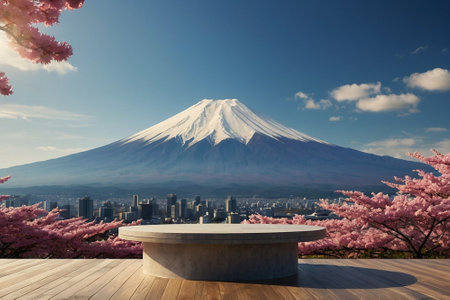 3d rendering of Mount Fuji with cherry blossoms and pedestalの素材