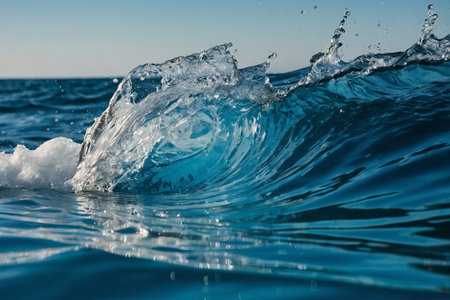 Blue ocean wave splash with splashes and drops on the surface.の素材