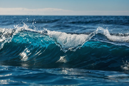 Blue ocean wave close-up. Water splashes on the beachの素材