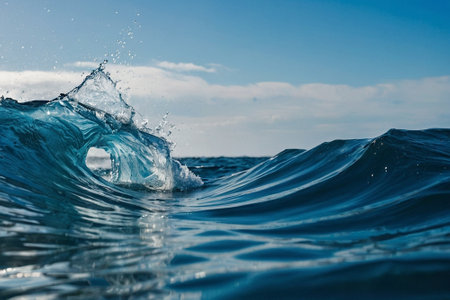 Blue ocean wave with splashes and drops of water on the surfaceの素材