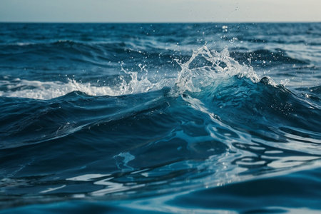 Blue sea wave with splashes and drops of water, close-upの素材