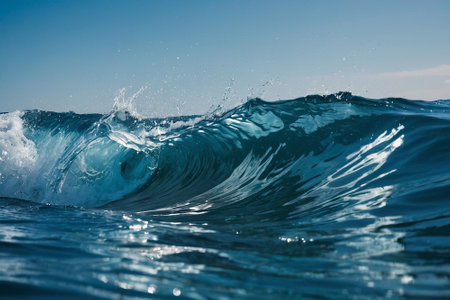 Big blue wave breaking on shore. Close-up of the ocean waveの素材