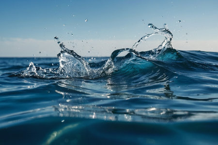 Splashes of water on the surface of the sea. Blue background.の素材